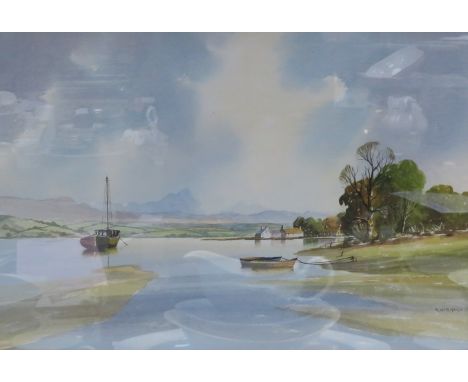 R WICHARD, FRAMED WATERCOLOUR DEPICTING A LAKESIDE SCENE, APPROXIMATELY 35cm X 51cm 