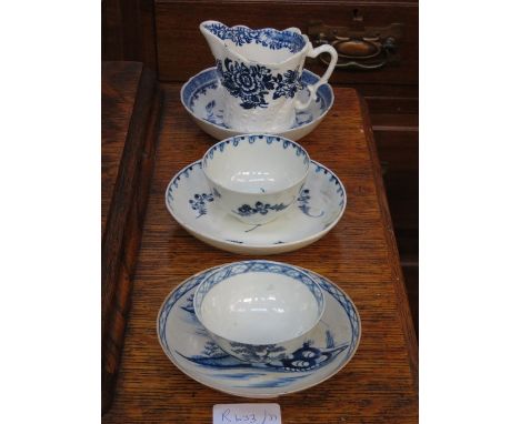 TWO EARLY BLUE AND WHITE TEA BOWLS PLUS SAUCERS, EARLY LIVERPOOL JUG AND ANOTHER EARLY BLUE AND WHITE SAUCER