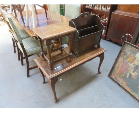 MAHOGANY GLASS TOPPED COFFEE TABLE PLUS MAGAZINE RACK AND SMALL STOOL