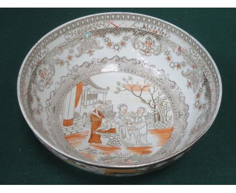 ANTIQUE PEARL ARE BOWL DECORATED IN THE ORIENTAL MANNER, DIAMETER APPROXIMATELY 24cm