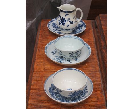TWO EARLY BLUE AND WHITE TEA BOWLS PLUS SAUCERS, EARLY SPARROWBEAK JUG AND ANOTHER EARLY BLUE AND WHITE SAUCER