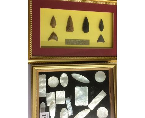 Collection of mother of pearl counters and arrow heads
