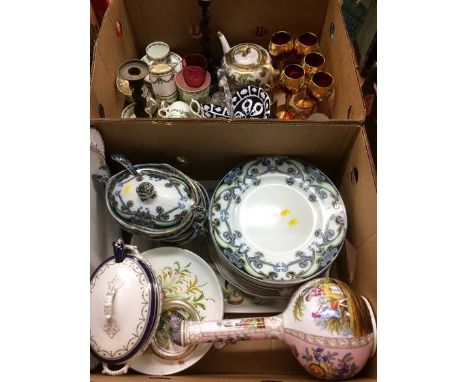 Two boxes of assorted with part 'Iris' dinner service, Royal Worcester blue Dragon china, etc,etc.