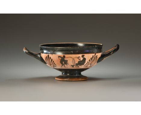 Greek, Boeotian Second half of the 5th cent. B.C.. Clay. H. 7.5 cm; Diam. (excluding handles): 13.6 cm. Cup on a low foot. Ba