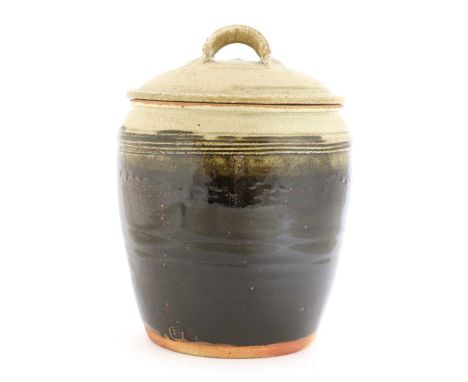 *Jim Malone (b.1946),a partially tenmoku-glazed stoneware jar and cover, with incised reeded decoration, with impressed artis