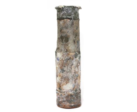 *Robin Welch (1936-2019), a cylindrical stoneware vase, with a textured banded glaze, impressed artist's monogram, 42.5cm hig