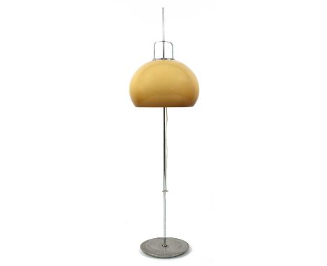 A Meblo standard lamp,1970s, by Harvey Guzzini, with a rise and fall brown and cream shade, on a chromed base,163cm highCondi