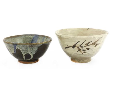 *Trevor Corser (1938-2015),two stoneware bowls,one in a cream hakeme glaze with brushed bamboo designs, impressed artist's mo