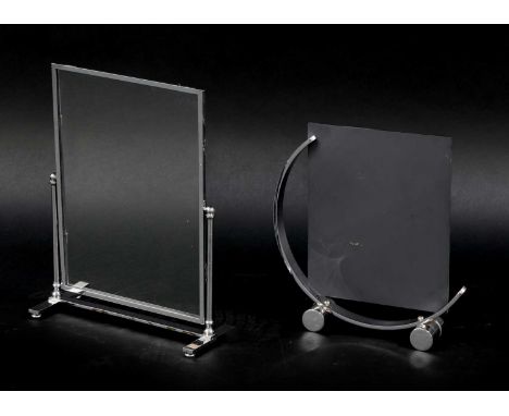 An Art Deco chrome mirror, the rectangular glass mounted on a 'C' scroll mount, 31cm wide34cm high, and another easel frame, 