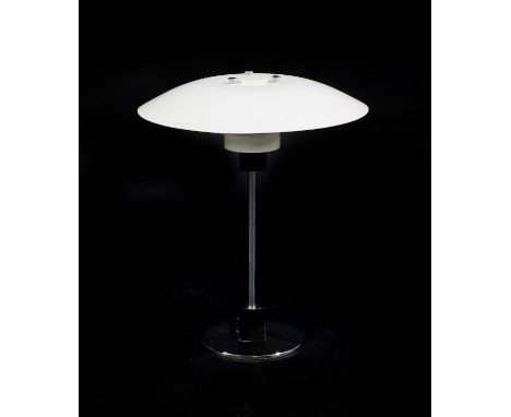 A Louis Poulsen 'PH 4/3' table lamp, designed by Poul Henningsen in 1966, with opaque metal shade, on a chromed stem and circ