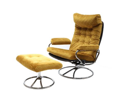 A Norwegian 'Stressless' reclining armchair and footstool,designed by Jens Ekornes for Ekornes ASA, on a circular chromed swi