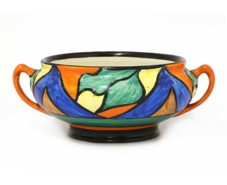 A Clarice Cliff 'Double V' twin-handled bowl,printed 'Wilkinson' mark and 'Bizarre',19cm diameterCondition report: Nibbles an