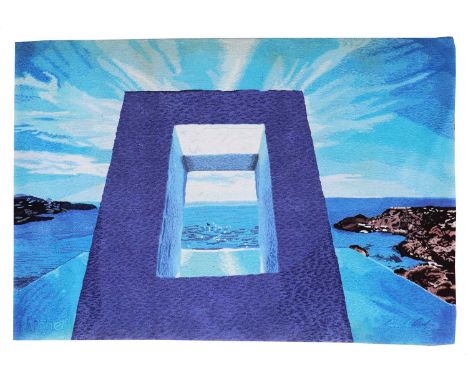 A Surrealist carpet or wall hanging,1970/80s, designed by Ewald Kroner, with a René Magritte-style doorway in a blue landscap