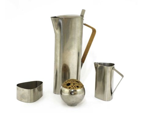 A Danish stainless steel three-piece coffee set, by Lundtofte, coffee pot 27cm high, anda Viners' stainless steel globe vase 