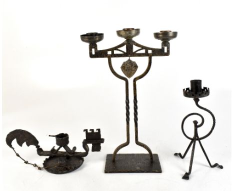 A contemporary Secessionist type candelabrum, with planished detail throughout, height 37cm, together with an Arts &amp; Craf