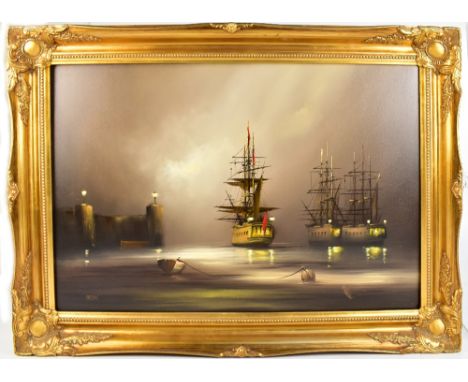 BARRY HILTON (born 1941); oil on canvas, night time harbour scene with moored galleons, signed lower left, 50.7 x 76cm, loose