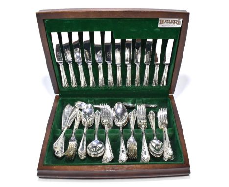 BUTLER; a mahogany cased canteen of silver plated cutlery.Additional InformationScratches, tarnish and general wear.