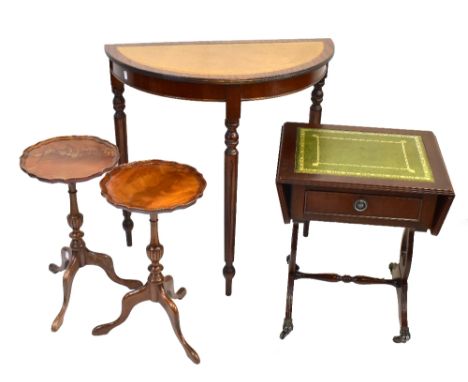 A pair of reproduction tripod wine tables, a demi-lune console table and a small sofa type occasional table (4).