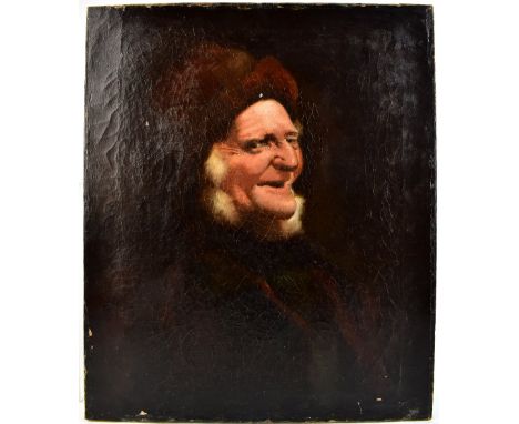 UNATTRIBUTED; oil on canvas, portrait study of an elderly gentleman wearing cap, unsigned, 60.8 x 51cm, unframed (af).Additio