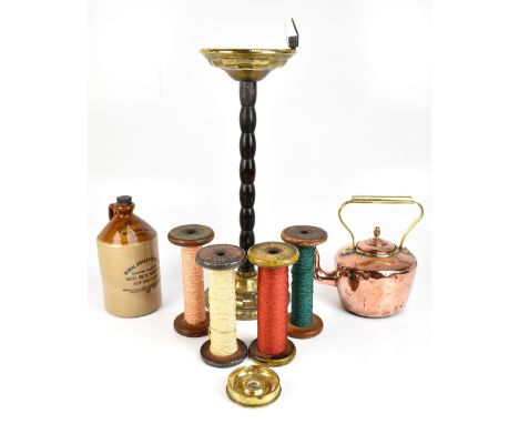 A smoker's stand with brass upper section, height 61.5cm, a trench art ashtray, and a brass handled copper kettle, also a sto