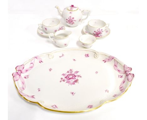 HEREND; an eight piece tea for two service, hand painted with stylised flowers and ribbons,&nbsp;length of tray 41cm.Addition