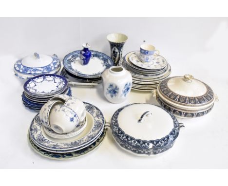 A large group of predominately blue and white ceramic tableware including a cheese dome and tray, a Meakin Ltd terrine, Allte