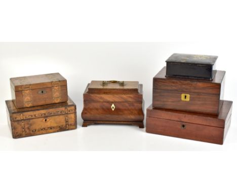 Six 19th&nbsp;century boxes for restoration including a mahogany example of bombe outline with brass swing handle, inlaid det