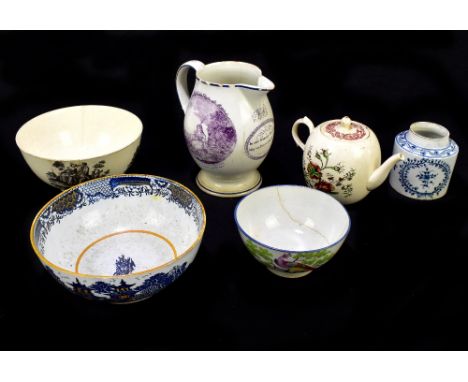 A group of 18th century and later creamware including a bullet teapot, painted in iron red and green with floral sprays, heig