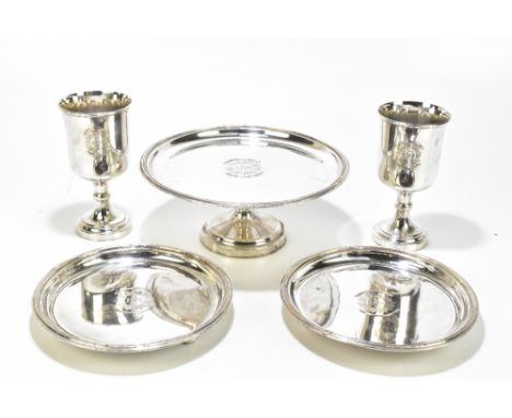 Five pieces of Ecclesiastical silver plate comprising comport, diameter 28.1cm, a pair of dishes and a pair of goblets, all w