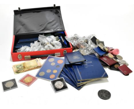 A large collection of British and European coinage to include various first decimal coins sets, a small collection of banknot