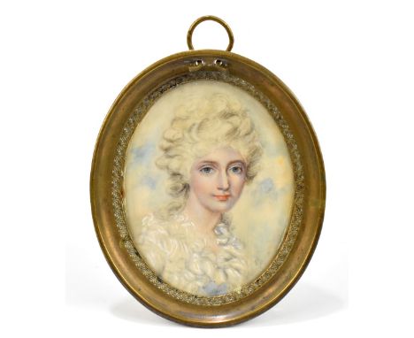 An early 20th century Georgian-style portrait miniature on ivorine depicting a young maiden in oval brass frame, 4.5 x 3.5cm.