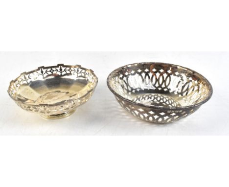 MARTIN, HALL &amp; CO; a George V hallmarked silver bonbon basket with pierced body and cast rim, Birmingham 1924 and a simil