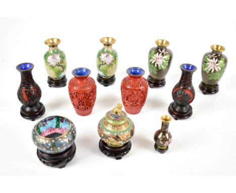 Five 20th century Chinese cloisonne enamel vases, a bowl and small lidded incense vessel with gilt Dog of Fo surmount, also t