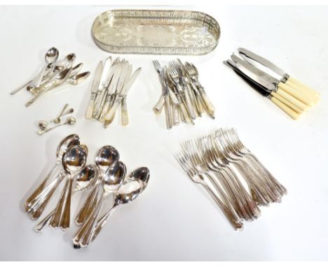 A collection of assorted silver plate&nbsp;including mother of pearl handled flatware, oval tray, etc.Additional InformationN