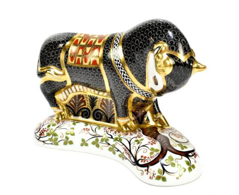 ROYAL CROWN DERBY; a limited edition animal paperweight, 'Grecian Bull',&nbsp;length 19cm, complete with gold base button.Add