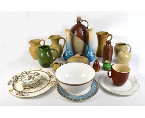 A group of assorted&nbsp;ceramics and studio pottery,&nbsp;including a flagon, pair of art pottery vases with applied detail 