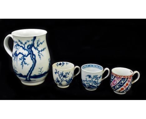 WORCESTER; three pieces of 18th century porcelain to include a baluster mug decorated with figures in landscape setting, cres
