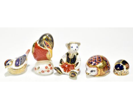 ROYAL CROWN DERBY; five animal paperweights to include 'Orchard Hedgehog', signed in gilt to the base, 'Scottish Teddy Shona'