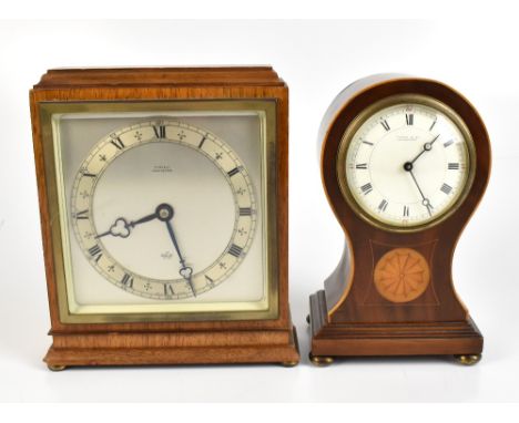 TERRY &amp; CO OF MANCHESTER; an Edwardian mahogany inlaid and boxwood strung balloon mantel timepiece, the white enamelled d