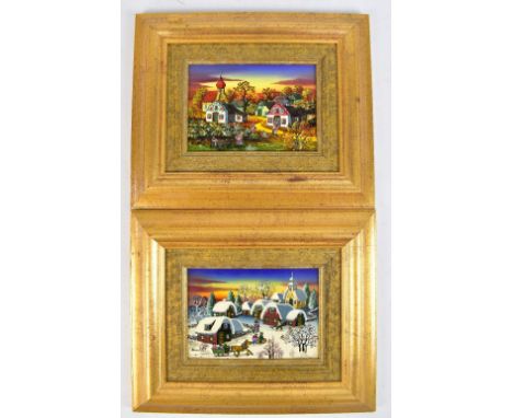 A KAWALSKI (born 1926); a pair of oils on board, figures on a sleigh in a winter scene, each signed lower left, 12 x 17.5cm, 