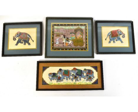 20TH CENTURY MUGHAL SCHOOL; four gouaches comprising raj/emperor in horse-drawn carriage, elephant procession and two further