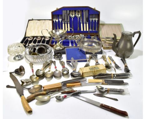 A mixed group of silver plated and mixed metalware including a WMF twin handled pedestal bowl and pierced stand (lacking line