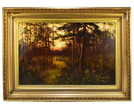 F.WALTERS; oil on canvas, woodland landscape with figure leading sheep in mid ground, signed lower right, 45 x 70cm, framed.&