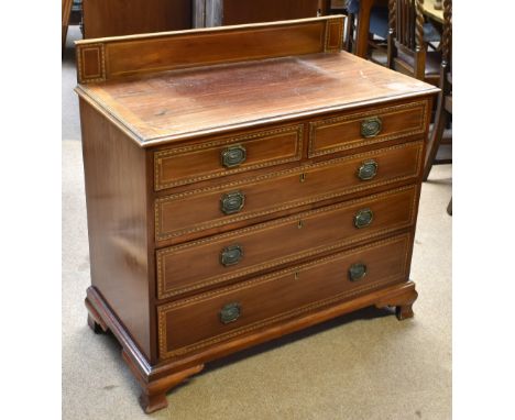 A 19th century inlaid mahogany chest of two short and three long drawers on bracket feet, height 91cm, width 98cm, depth 49.5