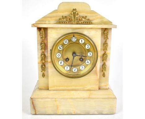 A.F. BUCK OF PARIS; a c1900 French Neo Classical-style alabaster eight day mantel clock with gilt metal mounts, the chapter r