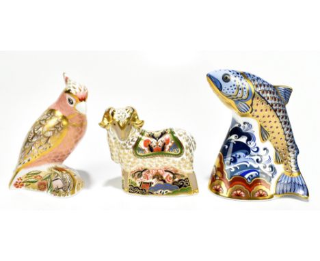 ROYAL CROWN DERBY; three animal paperweights, comprising&nbsp;'Cockatoo', 773/2500, 'Leaping Salmon', 192/500, and 'Imari Ram