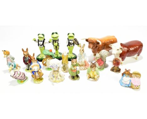 A group of ceramic figures comprising Beswick Highland and Champion of Champion bulls and 980 Robin, ten Beswick Beatrix Pott