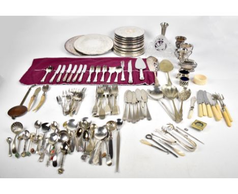 A mixed group of silver plated items including coasters, Ronson table lighter, sets and assorted flatware, salt and mustard, 