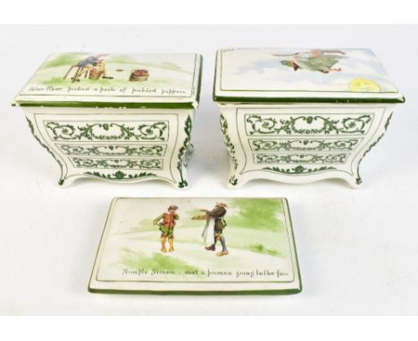 ROYAL DOULTON FOR HUNTLEY &amp; PALMERS; two advertising ceramic nursery rhyme biscuit boxes in the form of chests of drawers