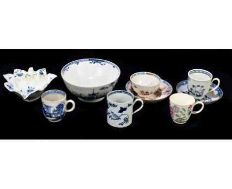 A group of 18th century porcelain including a teacup with enamel floral detail possibly Bow, height 6cm, a blue and white lea